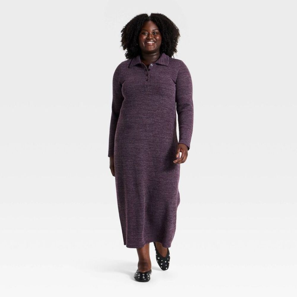 Women's Long Sleeve Midi Polo Dress - Universal Thread Purple 2X